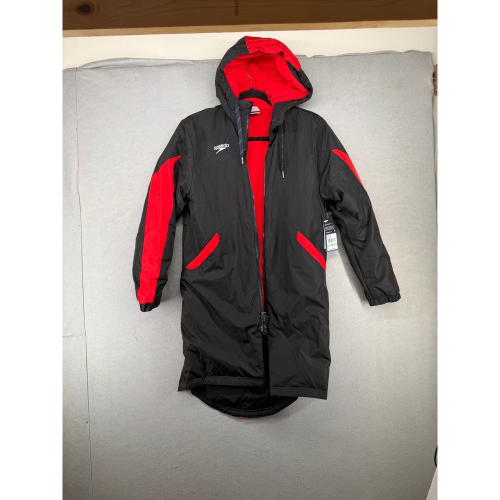 Speedo Swim Parka Hooded Fleece Lined Jacket Black Red 3XS New With Tags